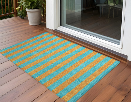 2' X 3' Aqua Striped Washable Non Skid Indoor Outdoor Area Rug-0