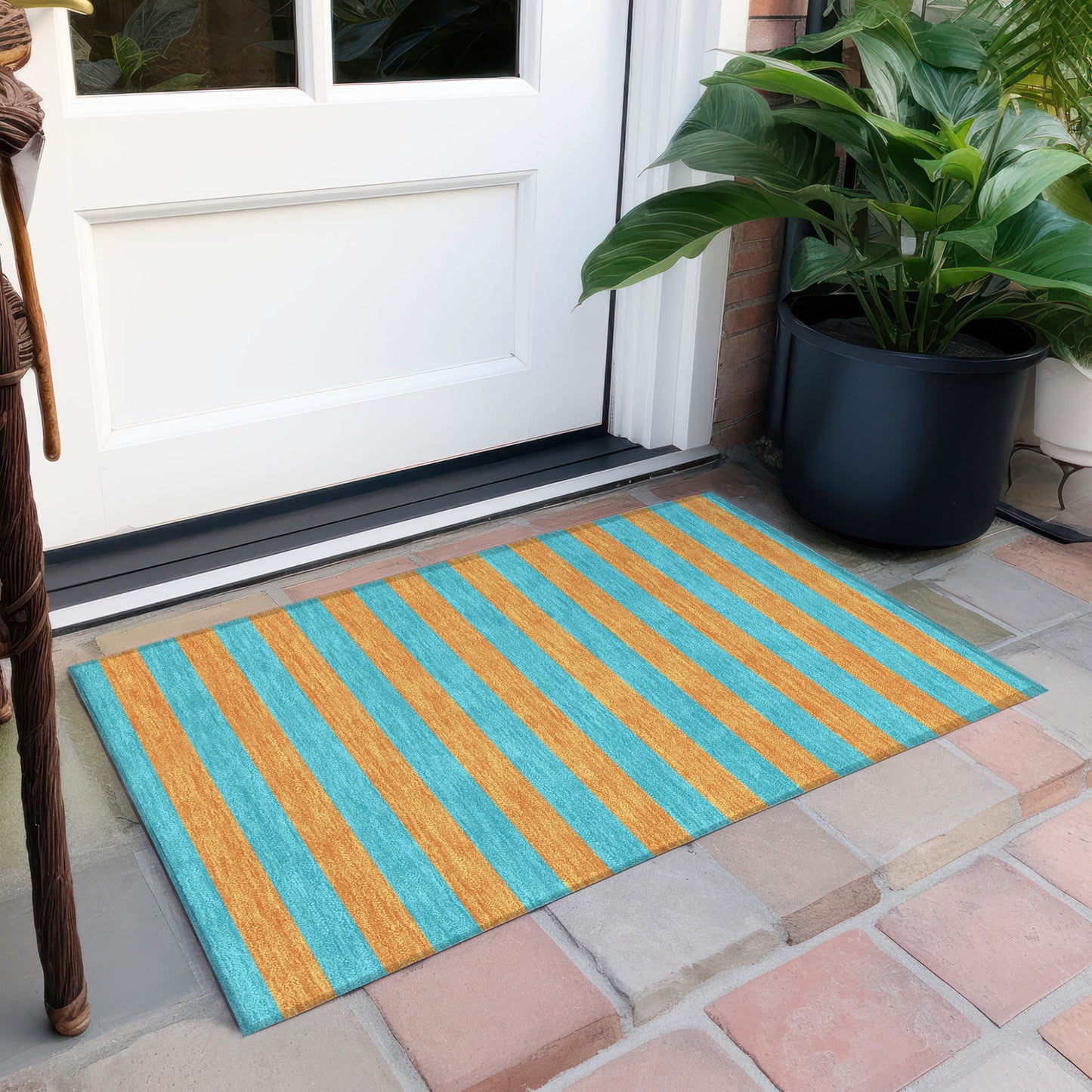 2' X 3' Aqua Striped Washable Non Skid Indoor Outdoor Area Rug-7