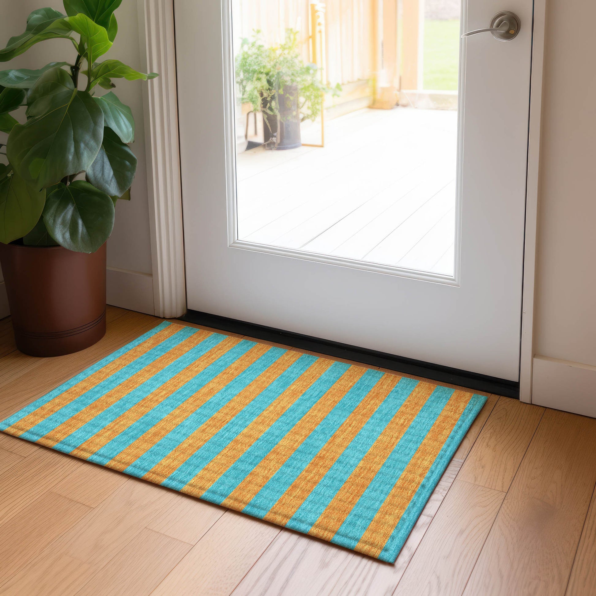 2' X 3' Aqua Striped Washable Non Skid Indoor Outdoor Area Rug-8