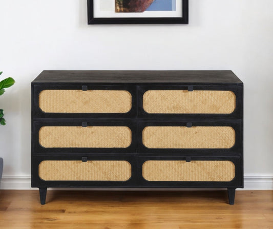 56" Black And Natural Solid Wood And Rattan Six Drawer Double Dresser-0