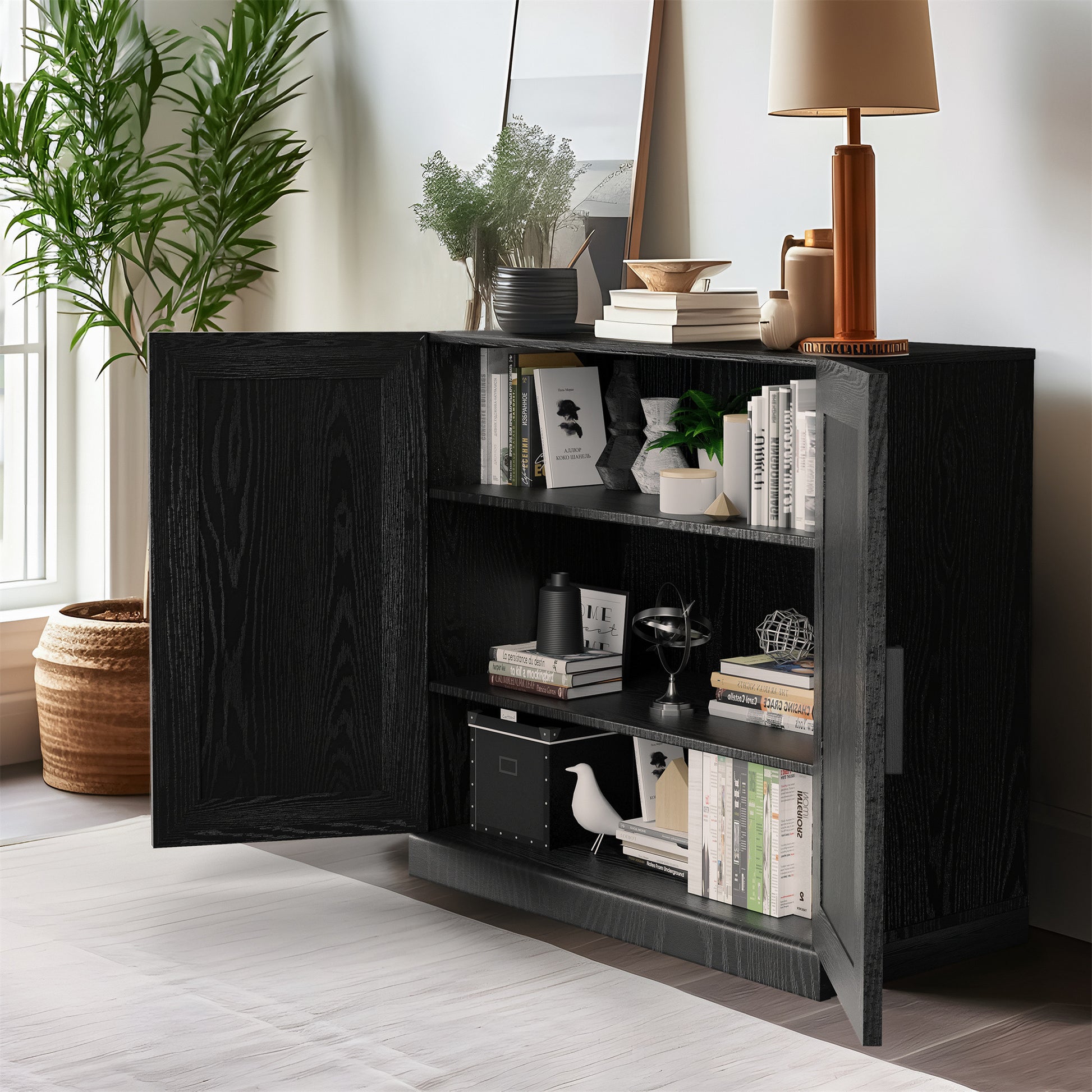 31" Black Textured Door Accent Cabinet With Three Shelves-6