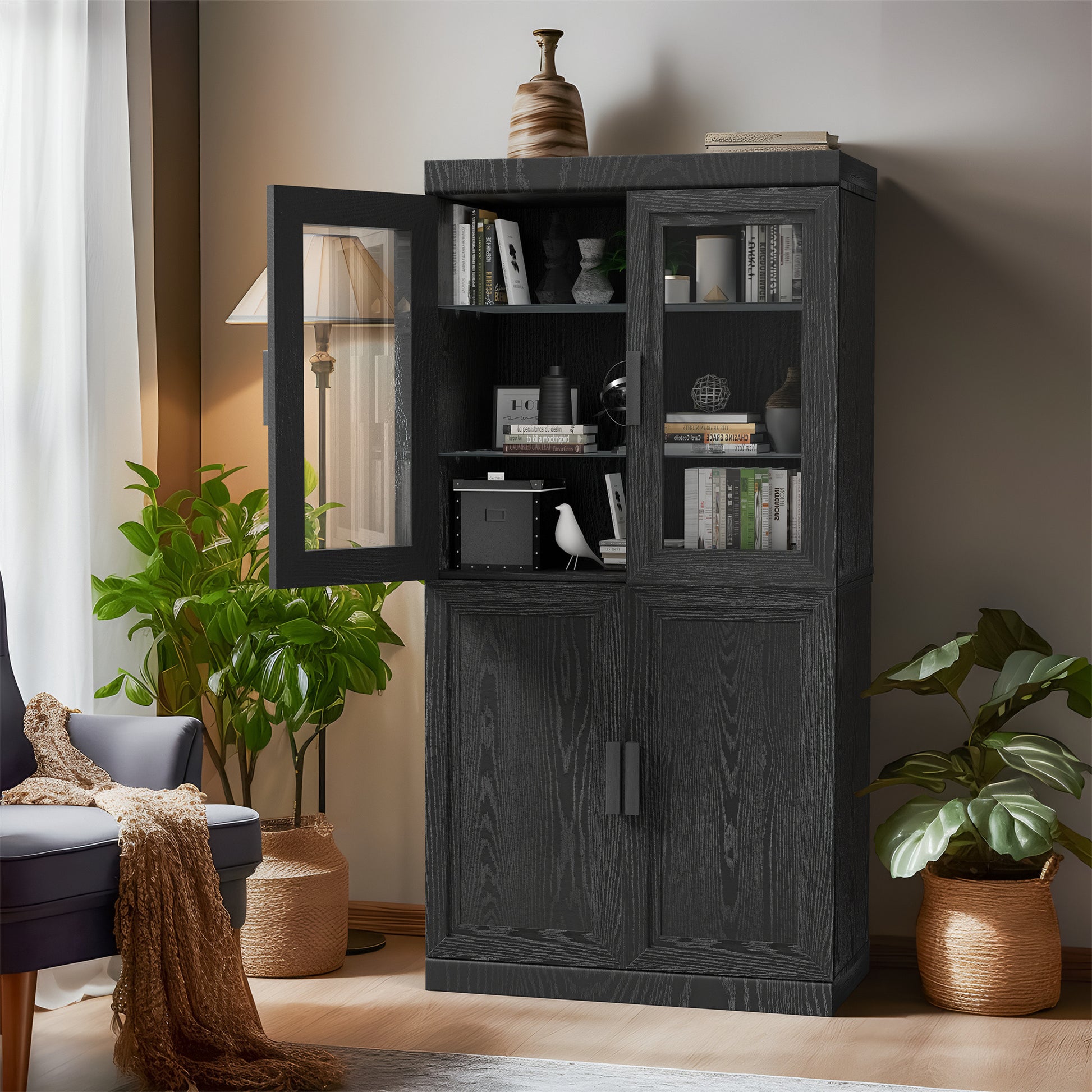 31" Black Textured Door Accent Cabinet With Three Shelves-7