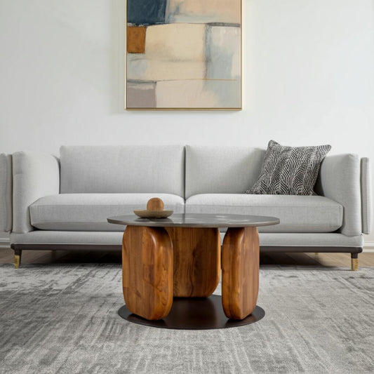 30" Black and Brown Genuine Marble Marble and Solid Wood Round Coffee Table-0
