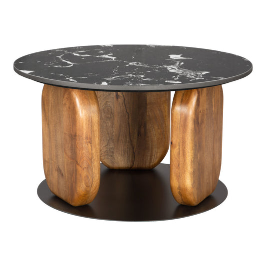 30" Black and Brown Genuine Marble Marble and Solid Wood Round Coffee Table-1
