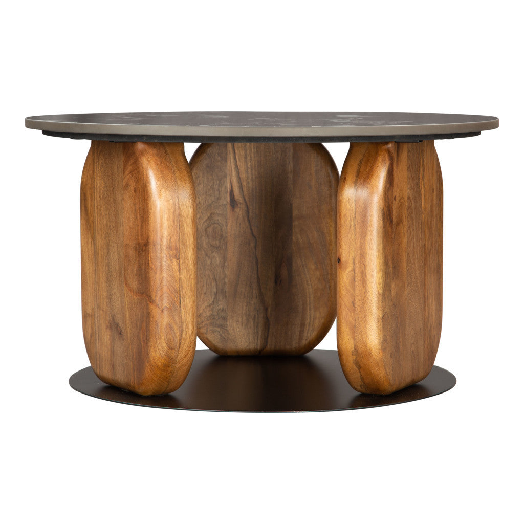 30" Black and Brown Genuine Marble Marble and Solid Wood Round Coffee Table-2
