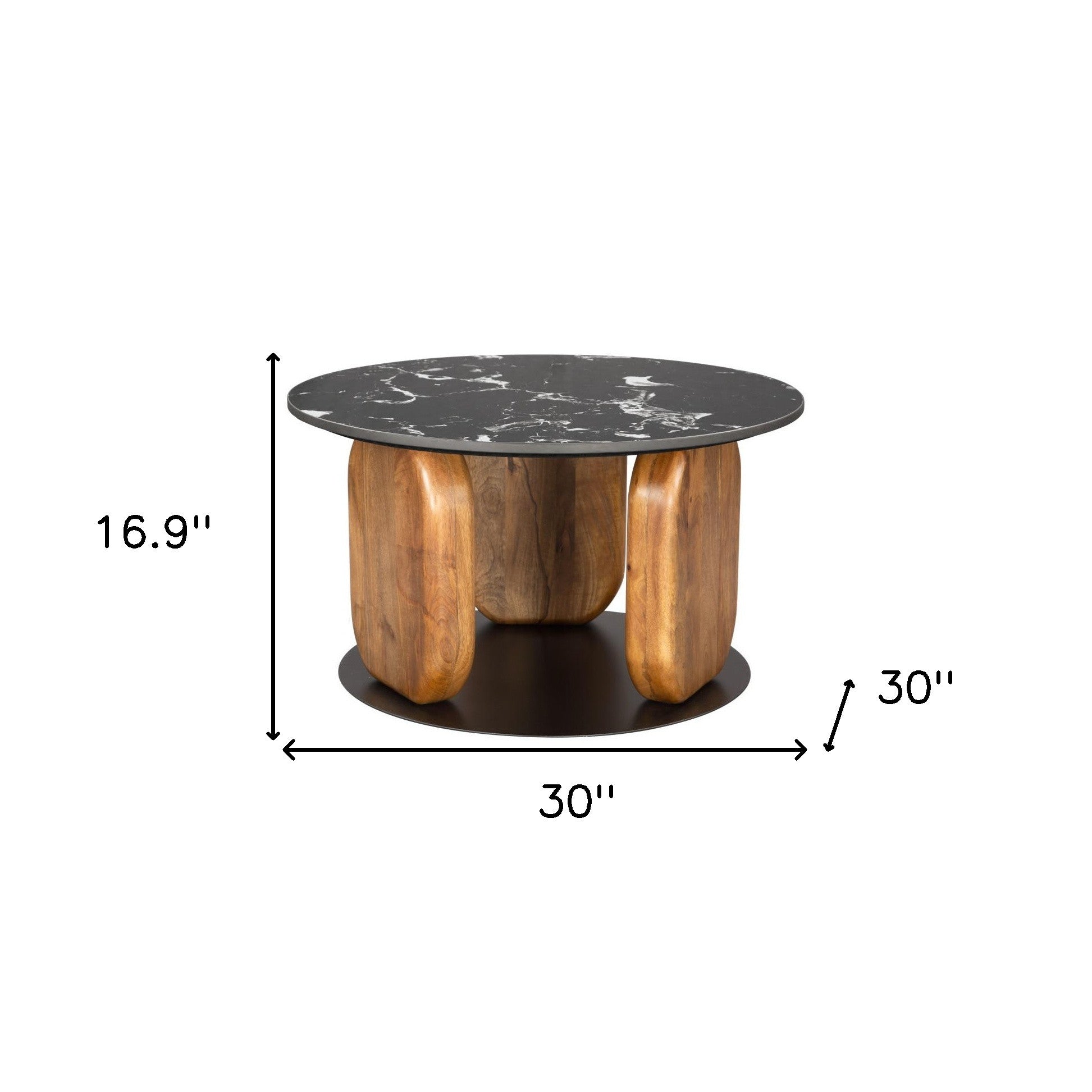 30" Black and Brown Genuine Marble Marble and Solid Wood Round Coffee Table-8