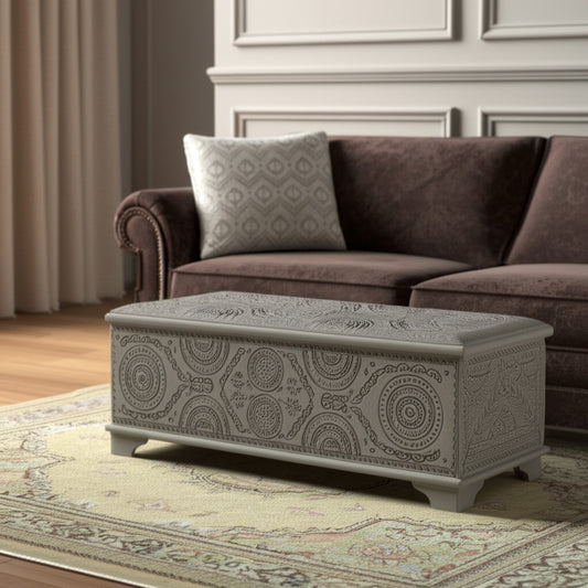 54" Gray Carved Geo Scroll Solid Wood Storage Ottoman-0