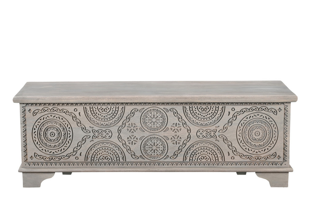 54" Gray Carved Geo Scroll Solid Wood Storage Ottoman-1
