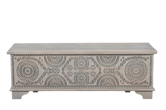 54" Gray Carved Geo Scroll Solid Wood Storage Ottoman-1