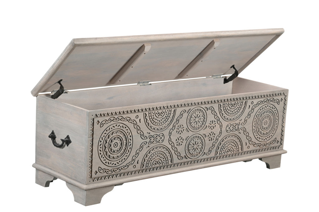 54" Gray Carved Geo Scroll Solid Wood Storage Ottoman-3