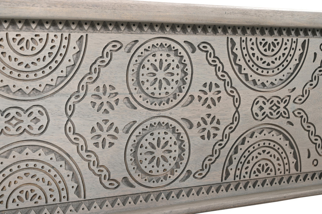 54" Gray Carved Geo Scroll Solid Wood Storage Ottoman-8