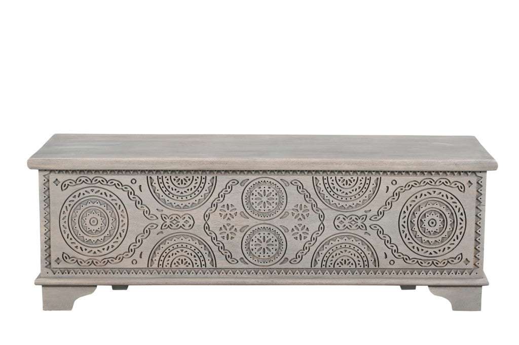 54" Gray Carved Geo Scroll Solid Wood Storage Ottoman-6