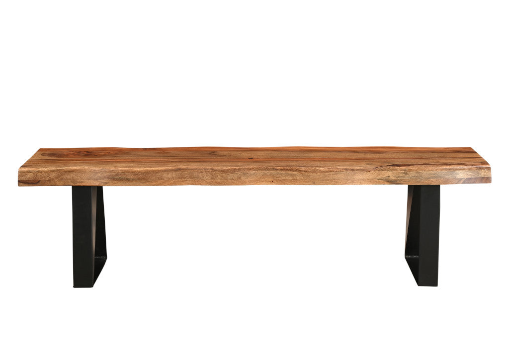 68" Brown and Black Solid Wood And Metal Live Edge Dining Bench-2