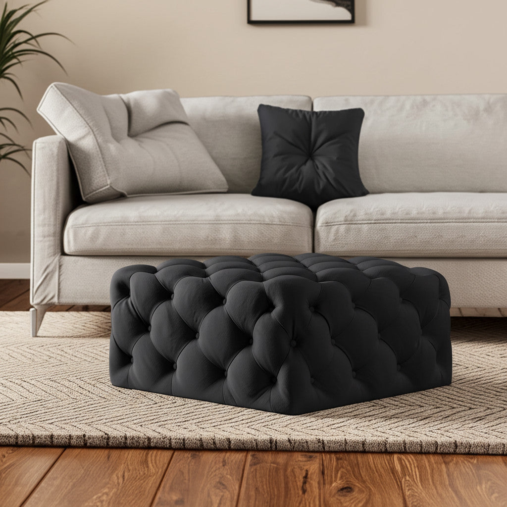 33" Black Velvet Rolling Tufted Cocktail Ottoman-0