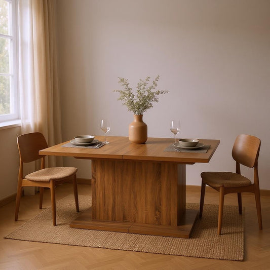 63" Brown Wood Self-Storing Leaf Pedestal Base Extendable Dining Table-0