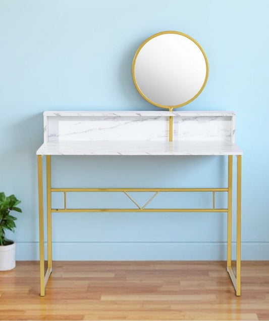 41" White And Gold Faux Marble and Steel Vanity Table with Mirror-0