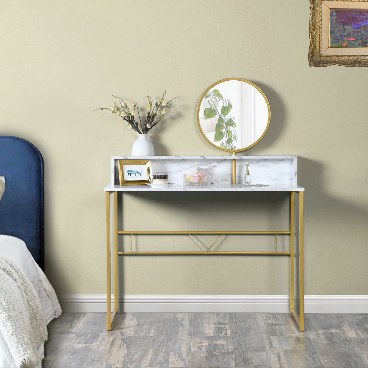 41" White And Gold Faux Marble and Steel Vanity Table with Mirror-7