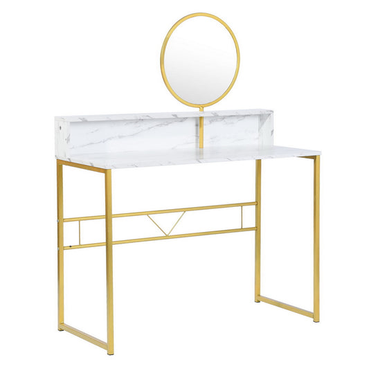 41" White And Gold Faux Marble and Steel Vanity Table with Mirror-1