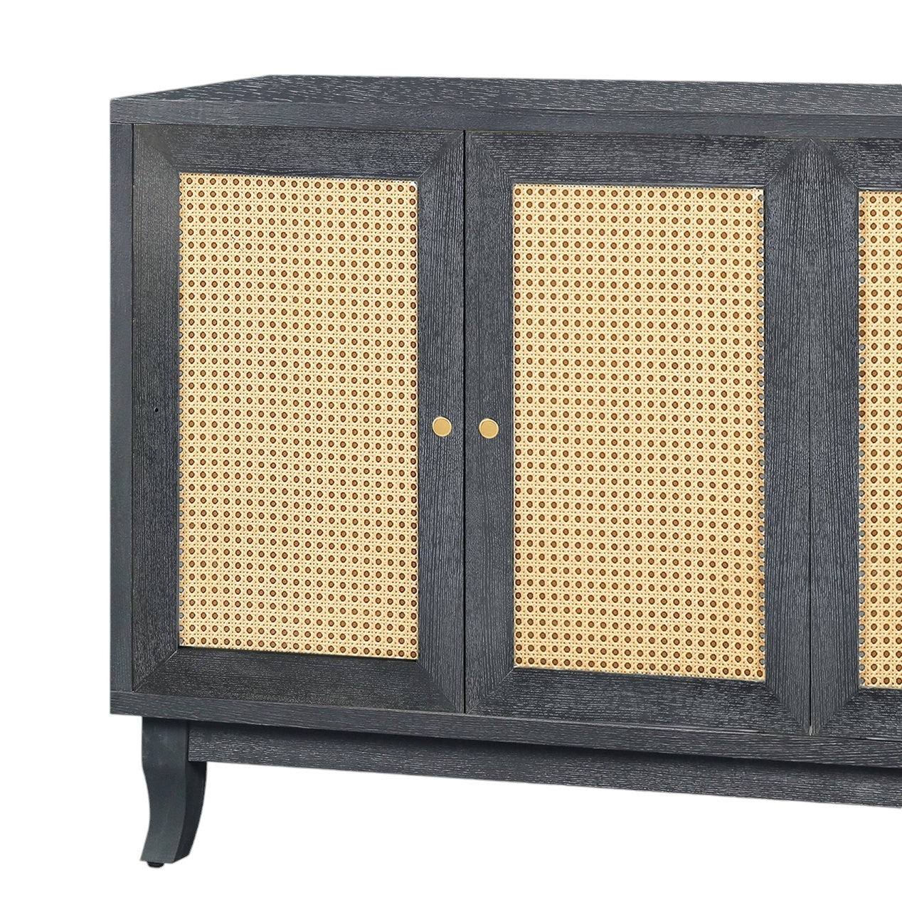 65" Charcoal and Natural Wood and Rattan Sideboard with Four Doors-2