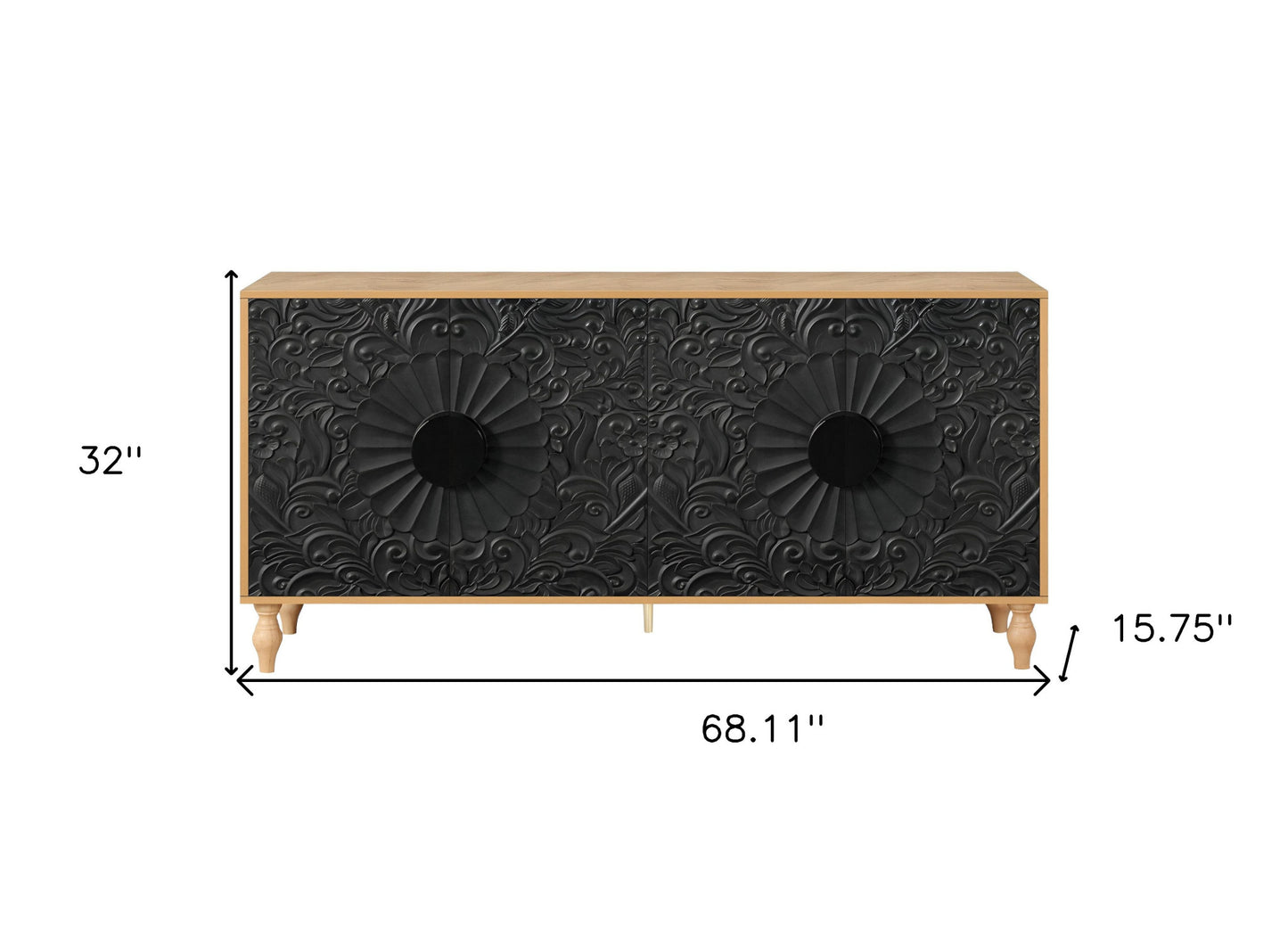 68" Natural and Black Distressed Carved Floral Sideboard with Four Doors-8