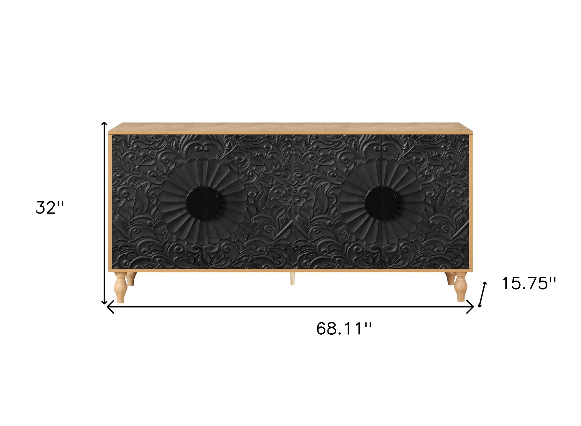 68" Natural and Black Distressed Carved Floral Sideboard with Four Doors-8