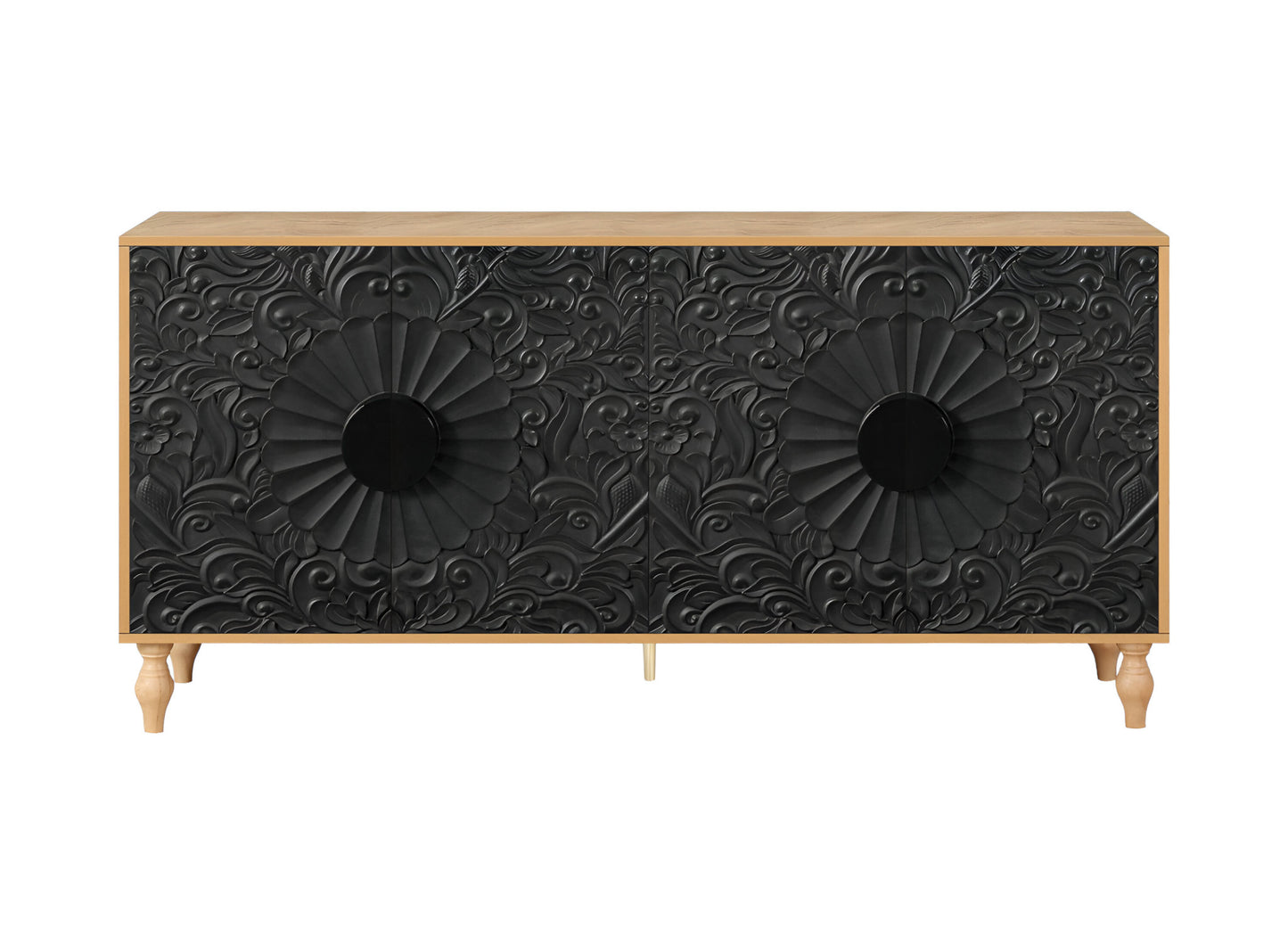 68" Natural and Black Distressed Carved Floral Sideboard with Four Doors-1