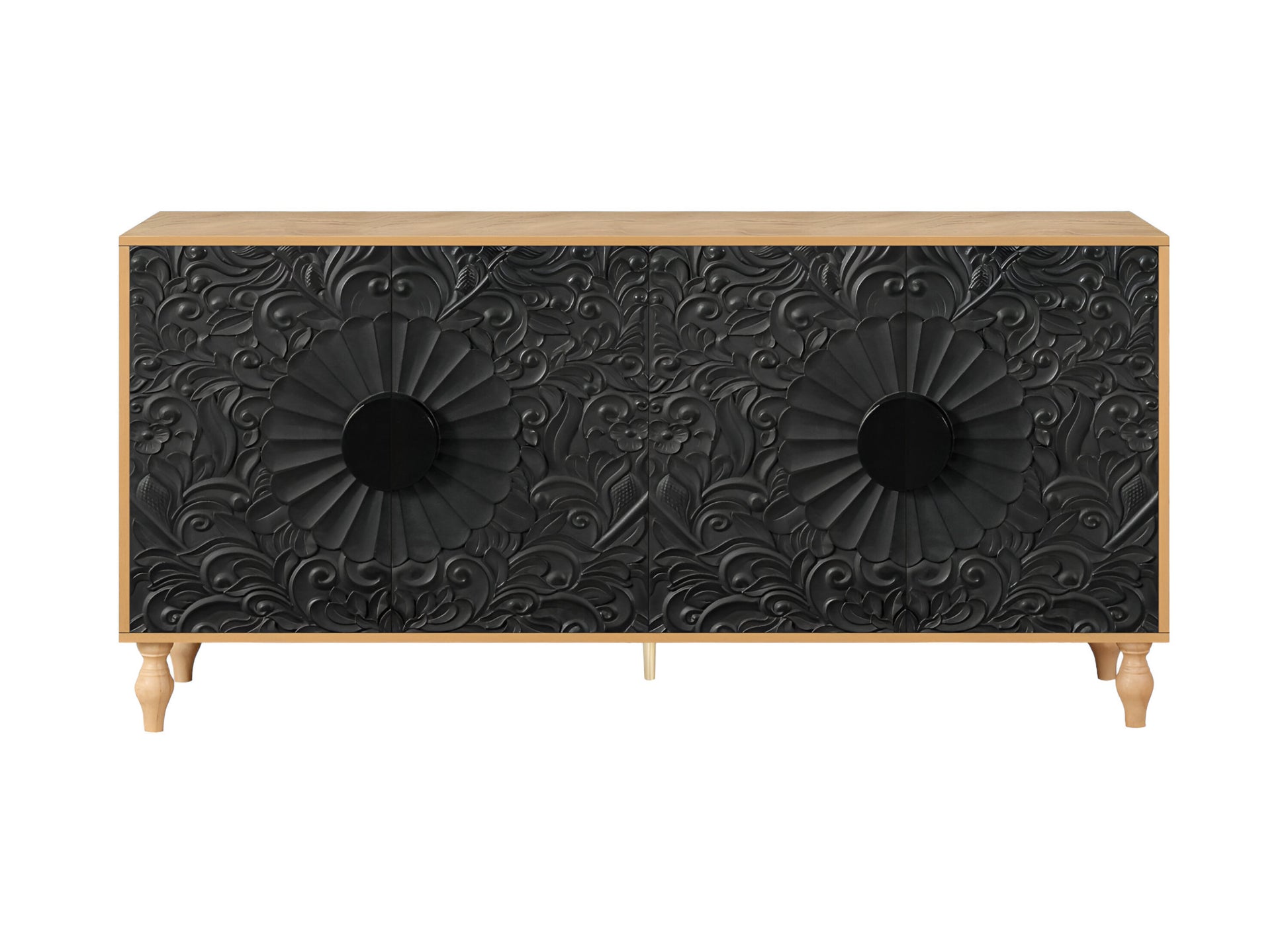 68" Natural and Black Distressed Carved Floral Sideboard with Four Doors-1