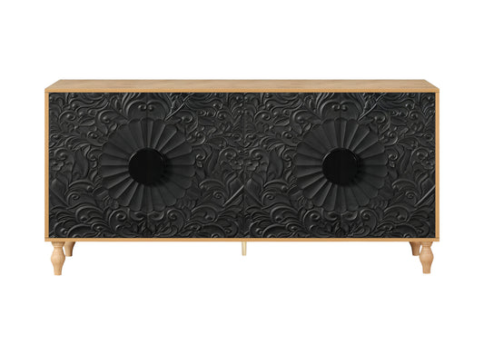 68" Natural and Black Distressed Carved Floral Sideboard with Four Doors-1