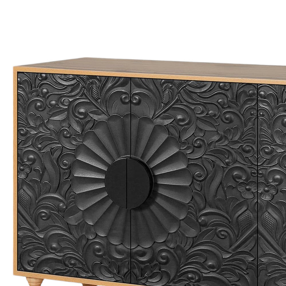 68" Natural and Black Distressed Carved Floral Sideboard with Four Doors-6