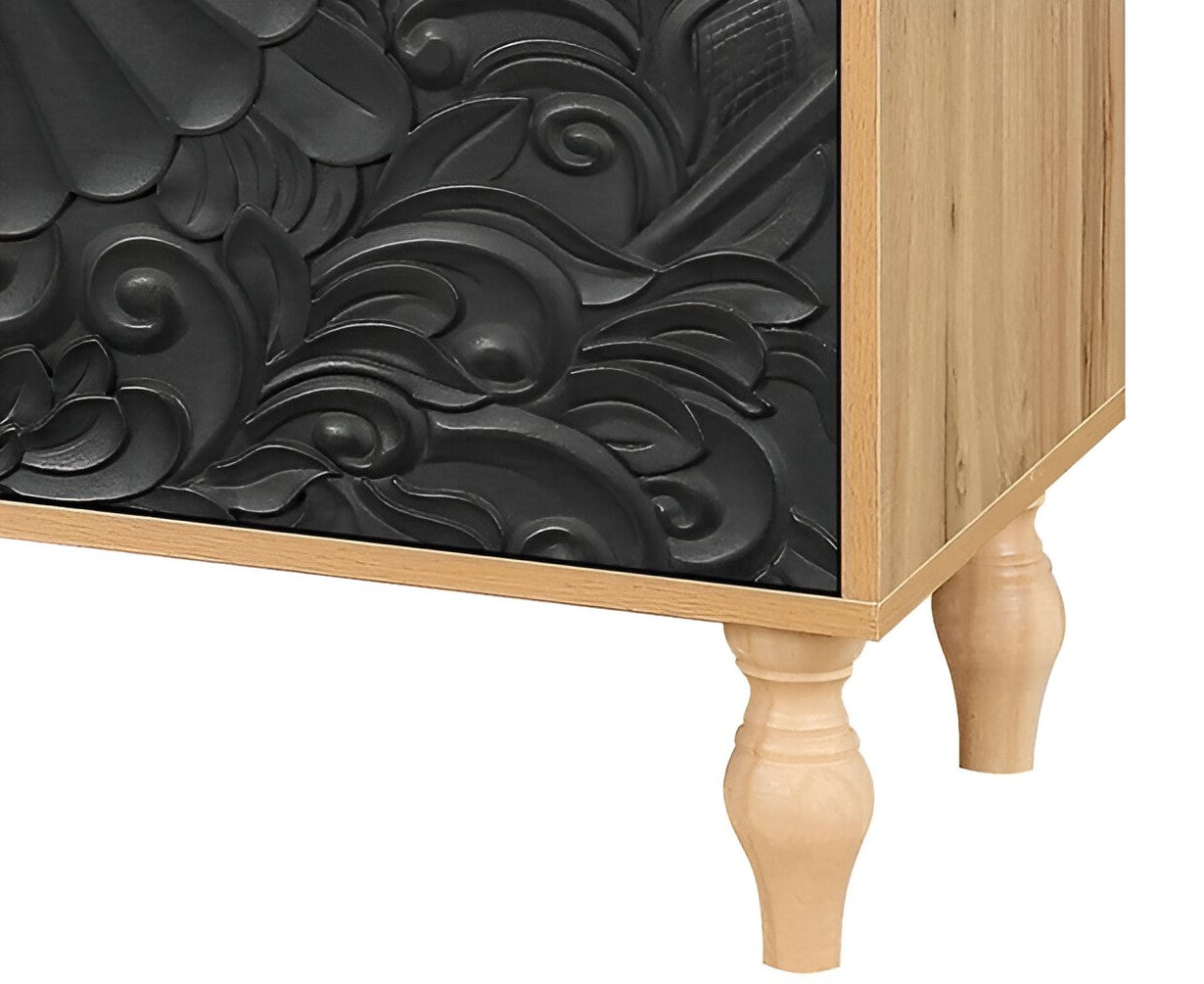 68" Natural and Black Distressed Carved Floral Sideboard with Four Doors-7
