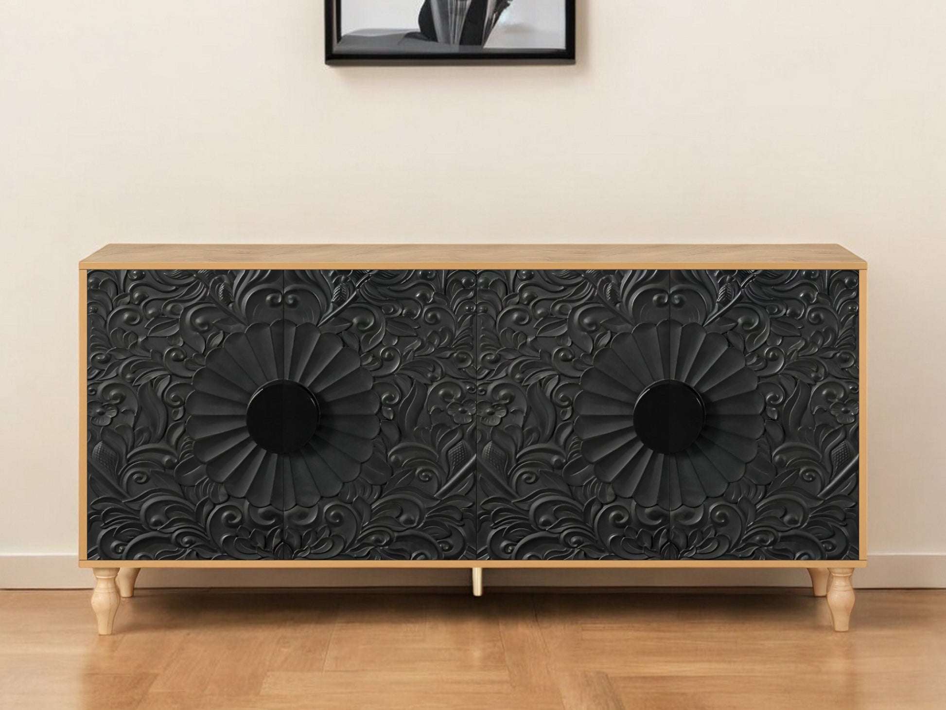 68" Natural and Black Distressed Carved Floral Sideboard with Four Doors-0