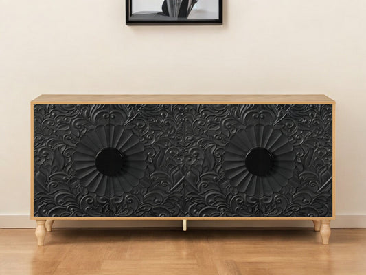 68" Natural and Black Distressed Carved Floral Sideboard with Four Doors-0