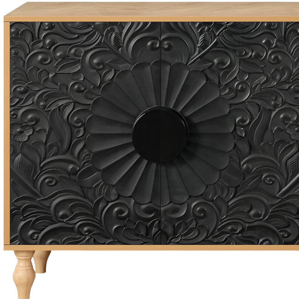 68" Natural and Black Distressed Carved Floral Sideboard with Four Doors-3