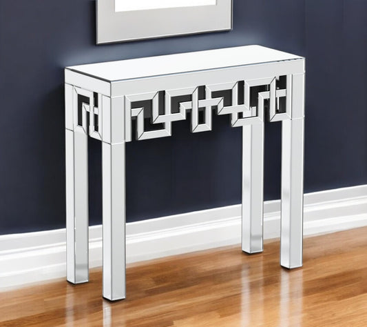 31" Silver Mirrored Glass Geo Pattern Console Table-0