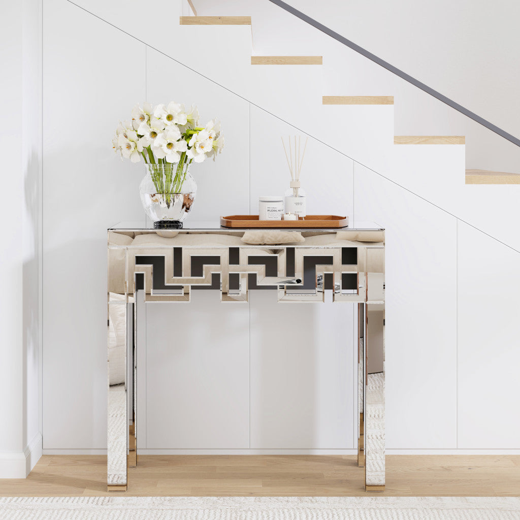 31" Silver Mirrored Glass Geo Pattern Console Table-6