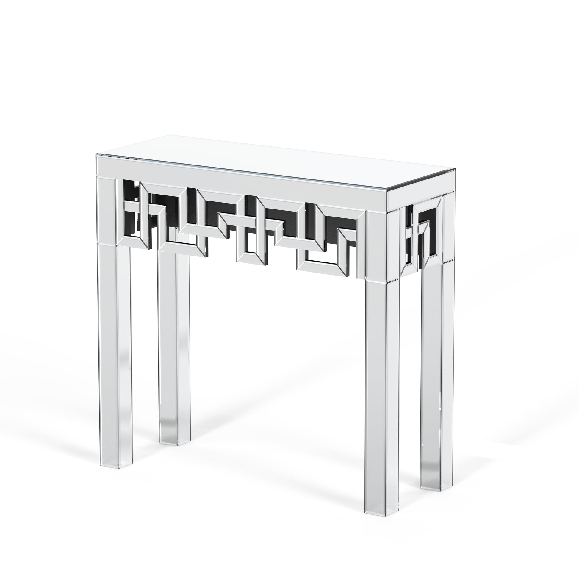 31" Silver Mirrored Glass Geo Pattern Console Table-3