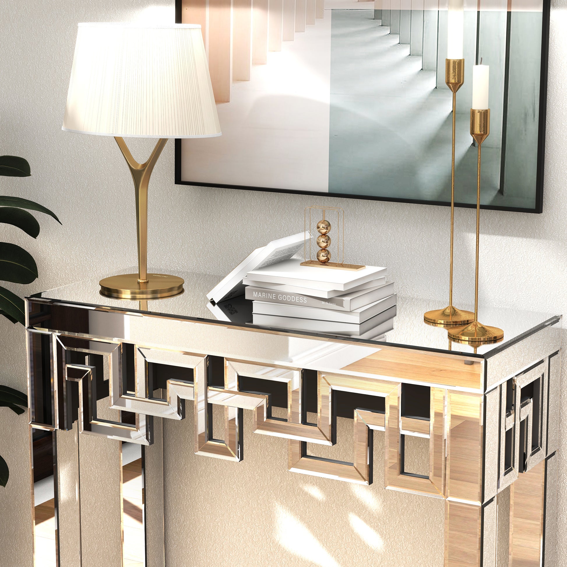 31" Silver Mirrored Glass Geo Pattern Console Table-8