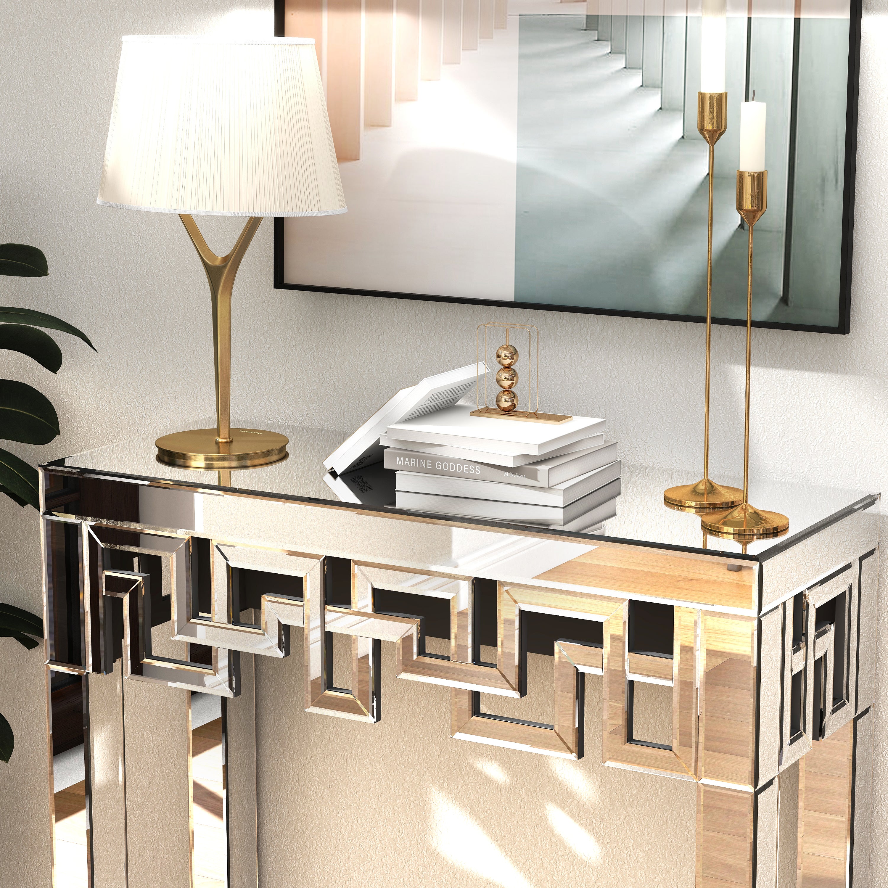 31" Silver Mirrored Glass Geo Pattern Console Table-8