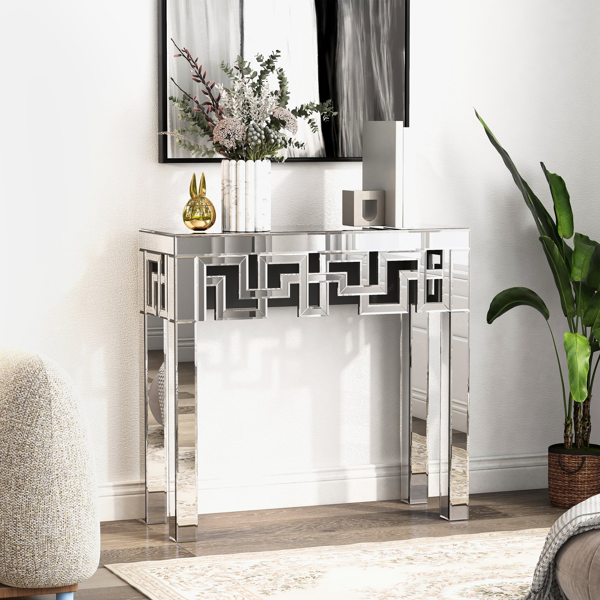 31" Silver Mirrored Glass Geo Pattern Console Table-7