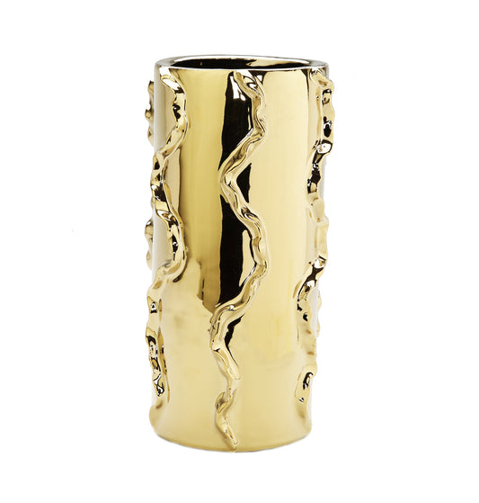12" Gold Cylinder Ceramic Table Vase With Sculptural Details-1