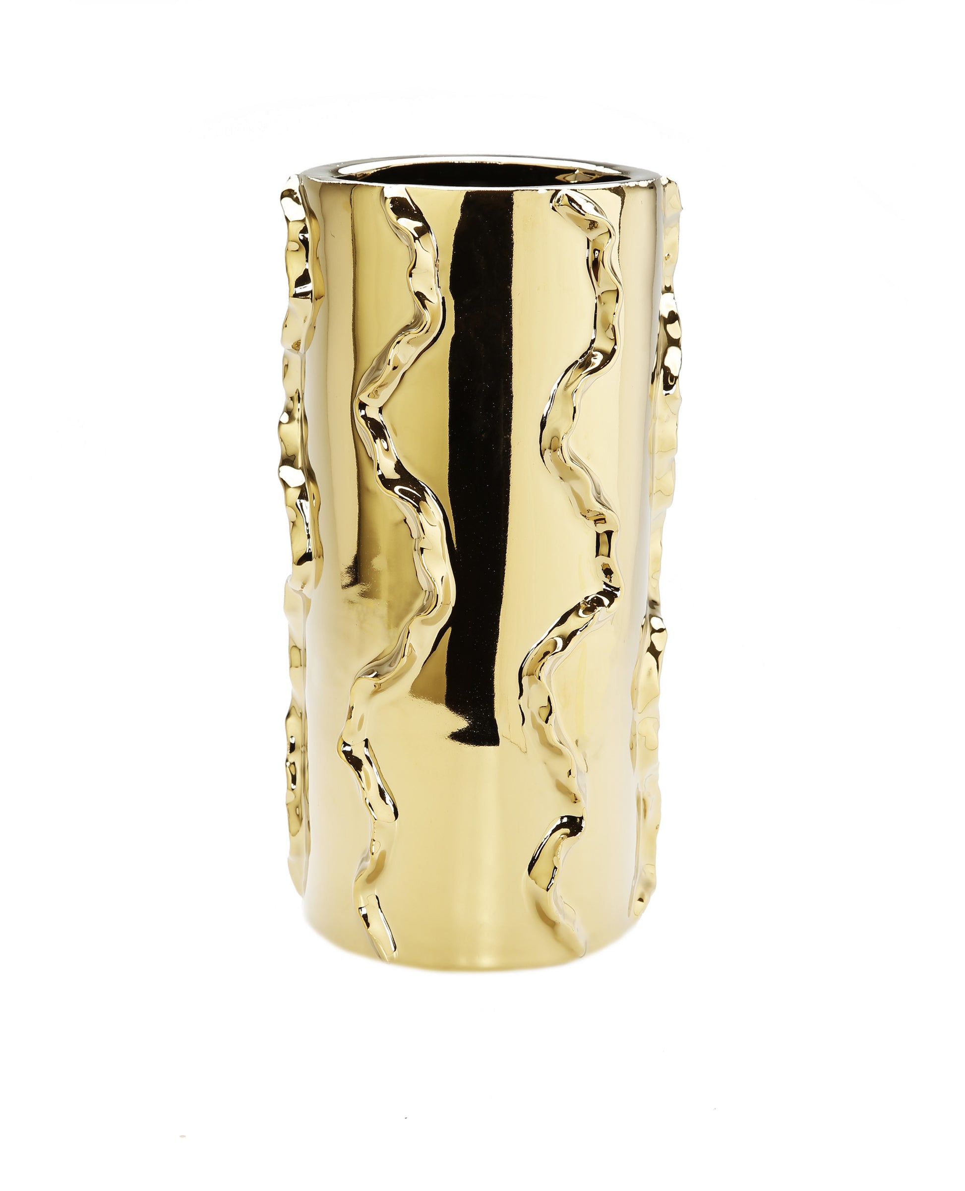 12" Gold Cylinder Ceramic Table Vase With Sculptural Details-2