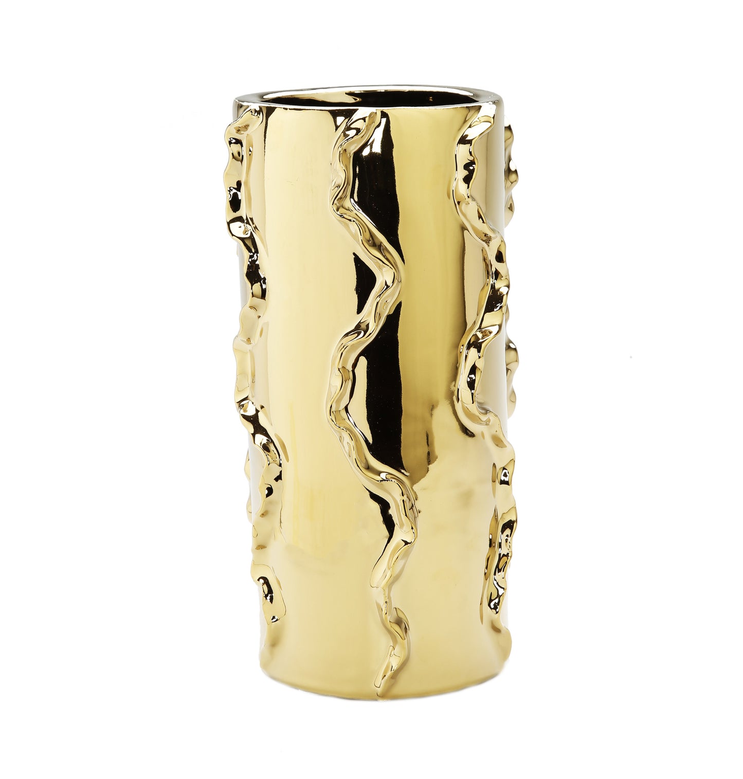 12" Gold Cylinder Ceramic Table Vase With Sculptural Details-4