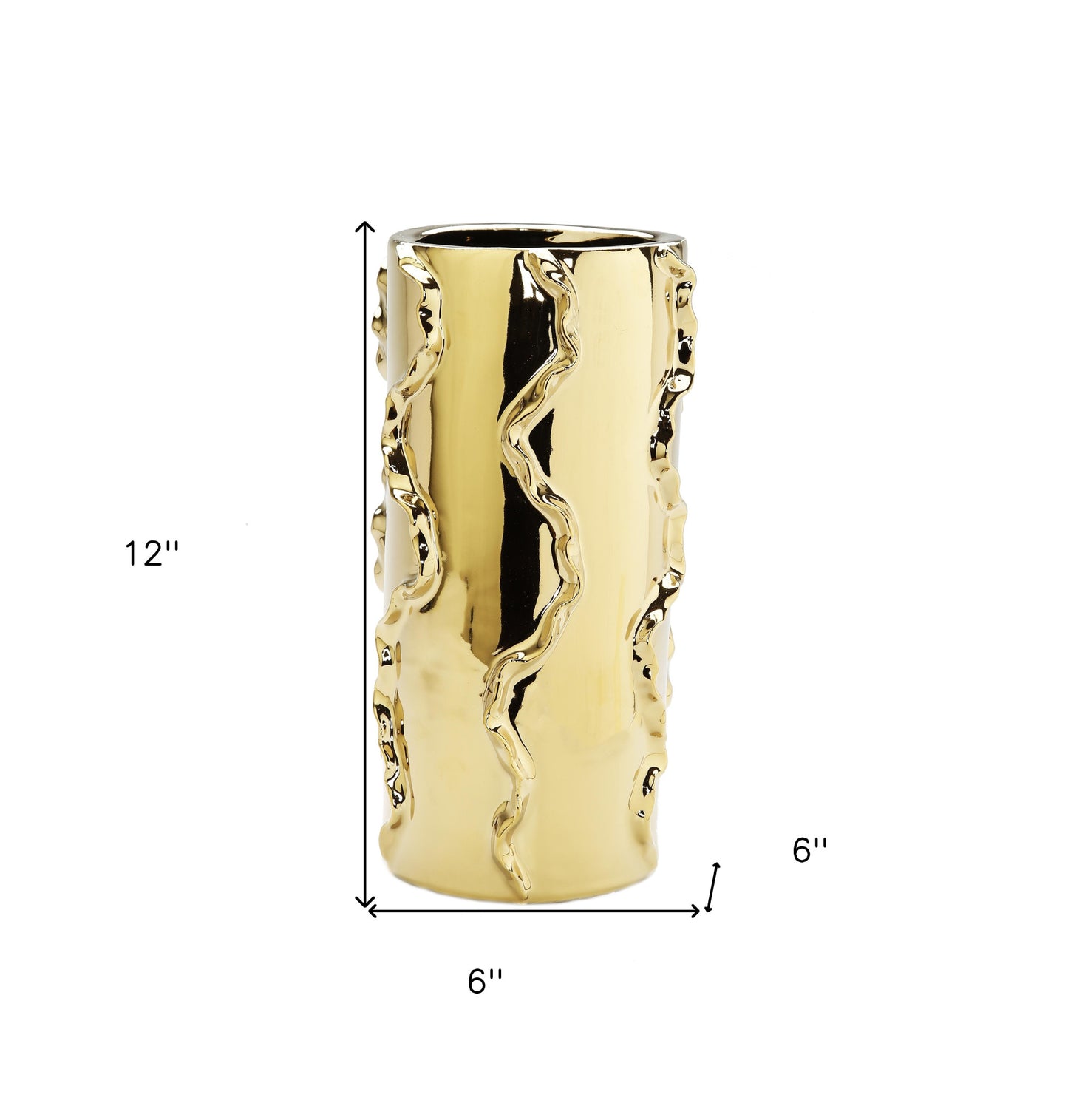 12" Gold Cylinder Ceramic Table Vase With Sculptural Details-5