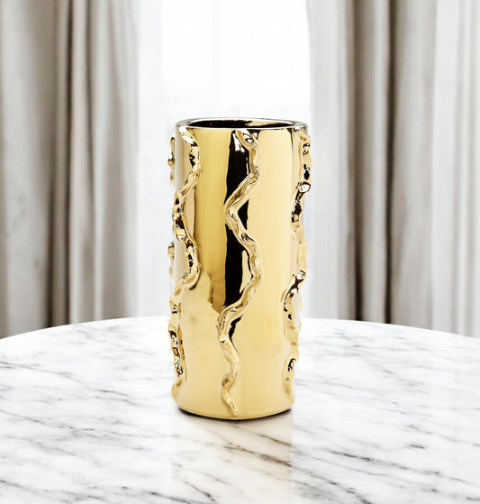 12" Gold Cylinder Ceramic Table Vase With Sculptural Details-0