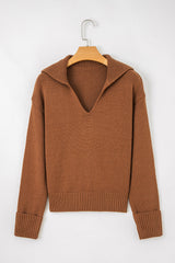 Solid Collared V-Neck Ribbed Edge Sweater