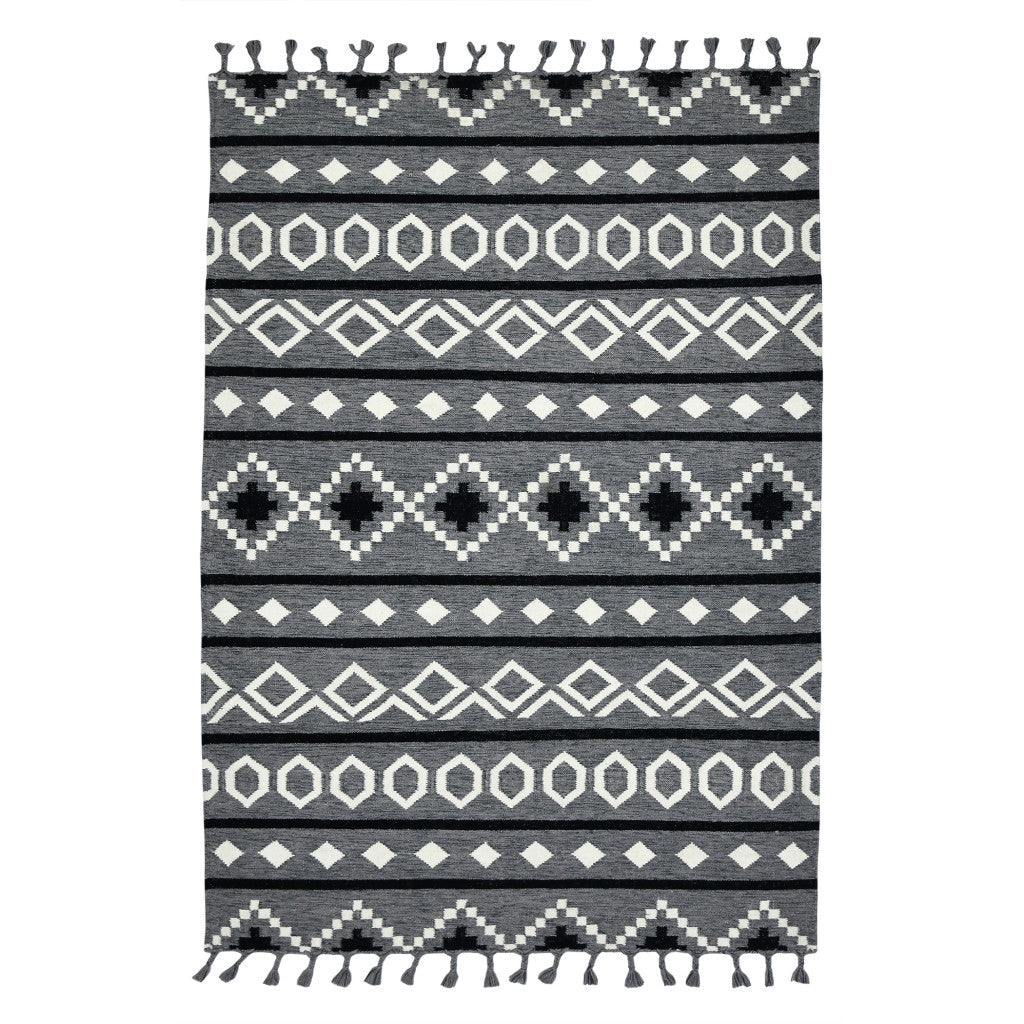 5' X 8' Gray White And Black Wool Tribal Flatweave Handmade Area Rug With Fringe-1