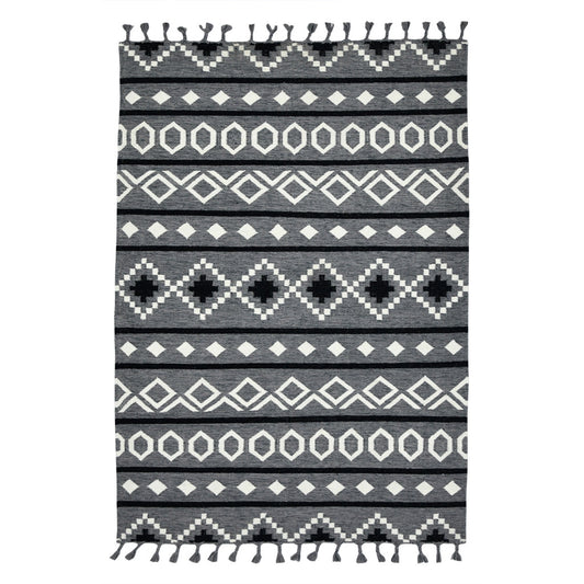 5' X 8' Gray White And Black Wool Tribal Flatweave Handmade Area Rug With Fringe-1