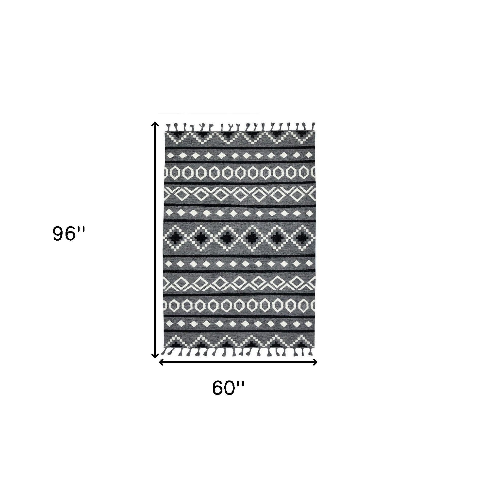 5' X 8' Gray White And Black Wool Tribal Flatweave Handmade Area Rug With Fringe-2
