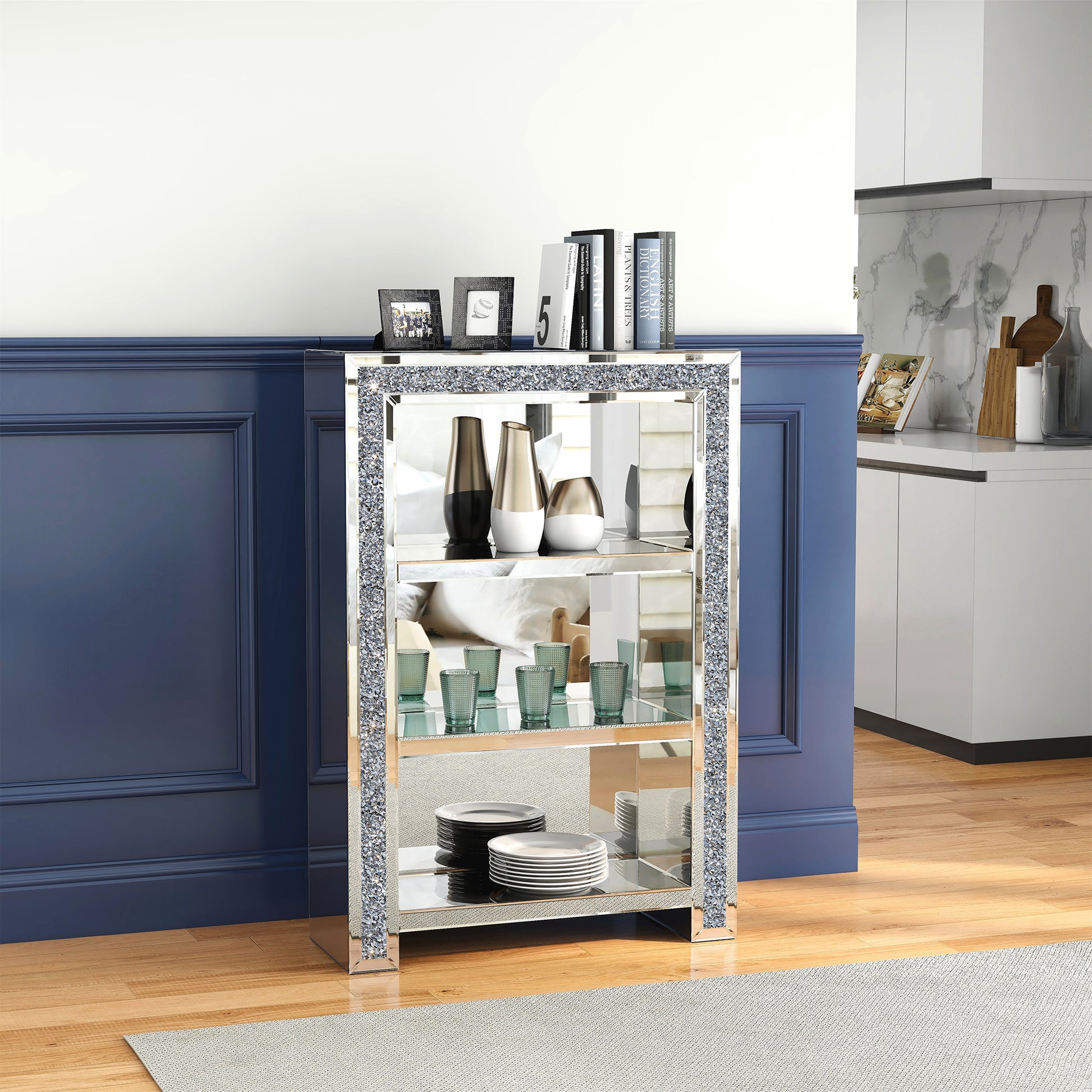 47" Silver And Clear Mirrored Glass And Faux Crystal Bling Accent Cabinet-7