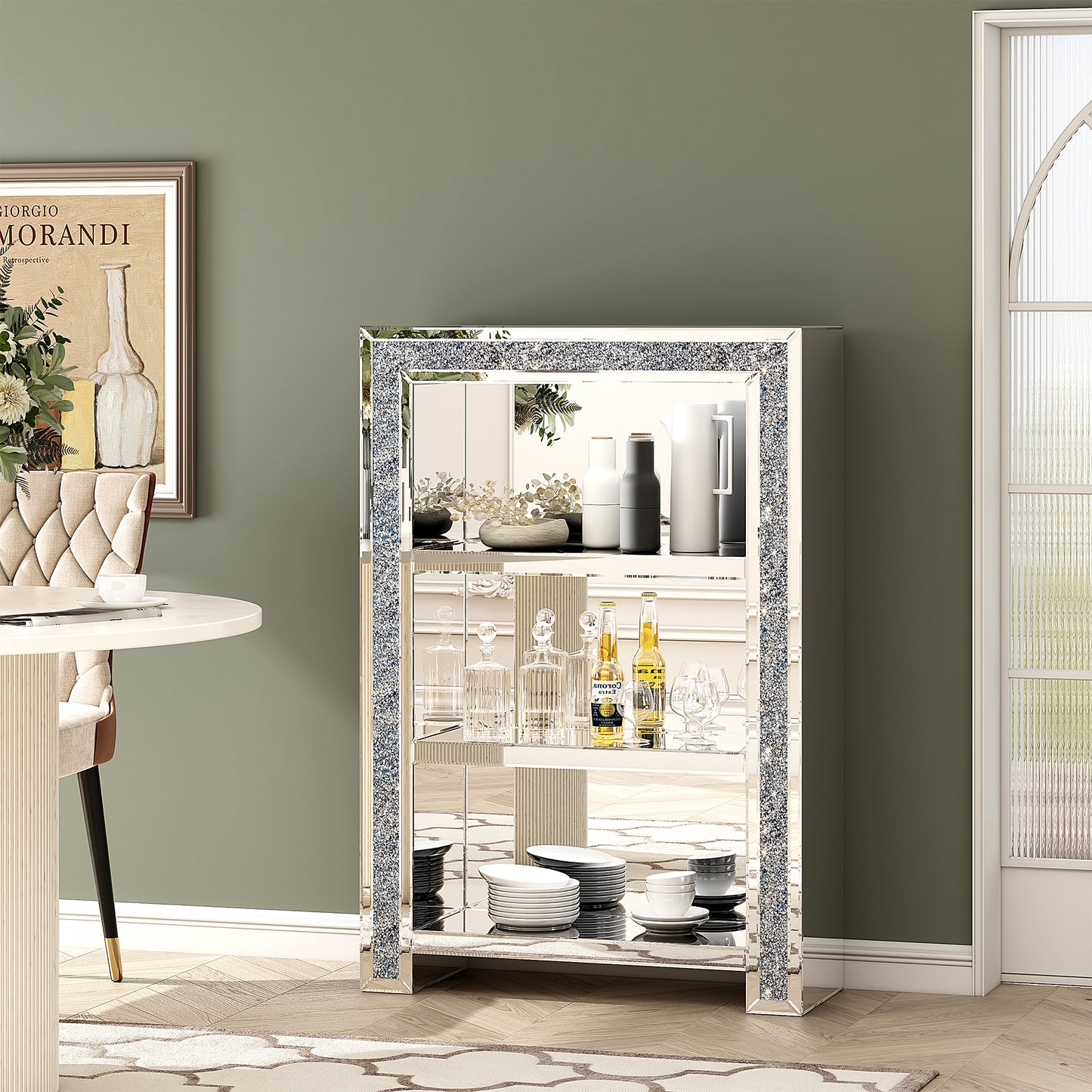 47" Silver And Clear Mirrored Glass And Faux Crystal Bling Accent Cabinet-8